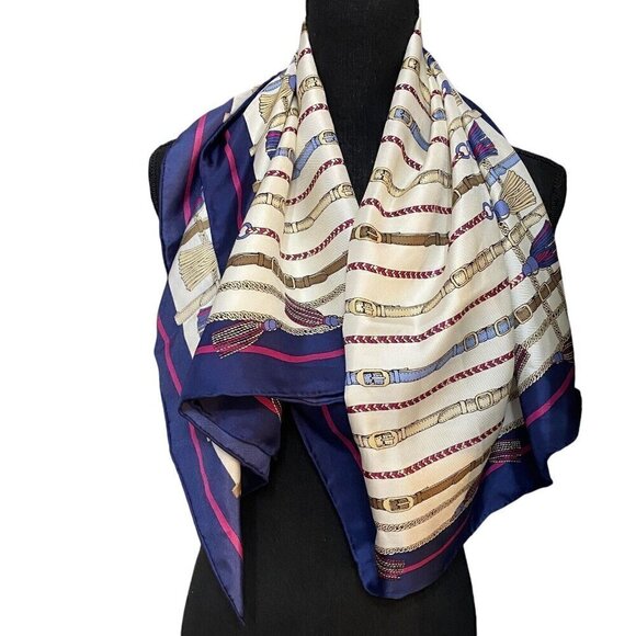 Chico's 38" Square Multicolor Scarf Belt Chain Tassel Design Blue Hand Hemmed - Picture 1 of 6